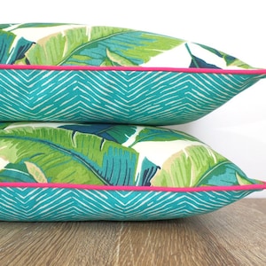 Tropical outdoor pillow covers set of two, green palm leaf pillow cases beach house decor, geometric outdoor cushion cases green and pink
