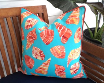 Turquoise outdoor pillow case coastal home decor, seashell pillow case nautical print