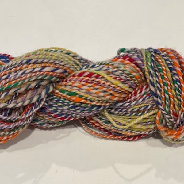 Handspun Yarn - Tropical-Colored Firestar and White Merino in Barber Pole Striped Yarn