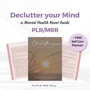 Könnte beinhalten: Ein rosa-braunes digitales Download-Cover für einen Leitfaden zur Wiederherstellung der psychischen Gesundheit mit dem Titel "Declutter Your Mind: A Mental Health Reset Guide". Das Cover zeigt einen Sonnenuntergang über einem Feld mit Bäumen. Der Text "+ FREE Self Care Planner!" befindet sich in einem violetten Kasten oben rechts.