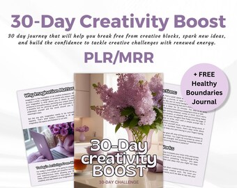 May include: A pink and white 30-day creativity boost journal with a purple flower on the cover. The journal is a 30-day challenge to help you break free from creative blocks, spark new ideas, and build confidence. It also includes a free healthy boundaries journal.