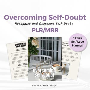 May include: A white and pink book cover with the title "Overcoming Self-Doubt: A Step-by-Step Guide for Introverts". The book cover also features a cup of coffee and a bouquet of white roses.