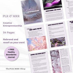 May include: A digital product for creative entrepreneurs, featuring a pink and white floral background. The product includes 54 pages of content, a free journal, and the text "Creative Entrepreneurship".