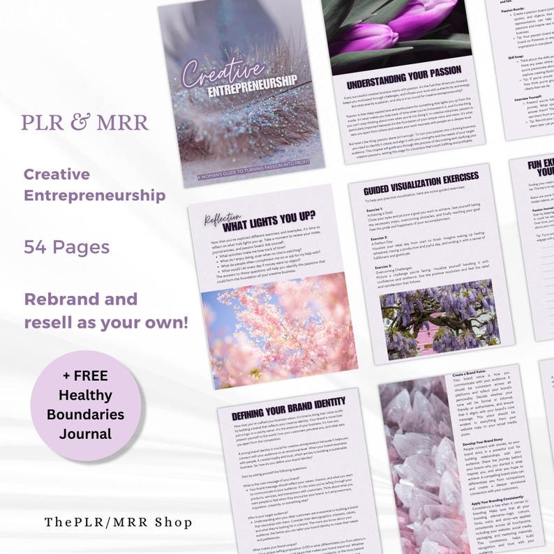 May include: A digital product for creative entrepreneurs, featuring a pink and white floral background. The product includes 54 pages of content, a free journal, and the text "Creative Entrepreneurship".