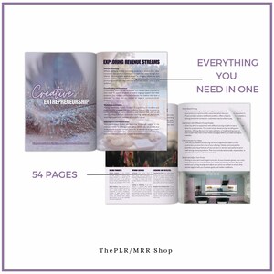 May include: An open book titled "Creative Entrepreneurship: A Woman's Guide to Turning Passion into Profit" with 54 pages. The book cover features a white feather with glitter. The book is open to a page titled "Exploring Revenue Streams" and another page titled "Everything You Need in One".
