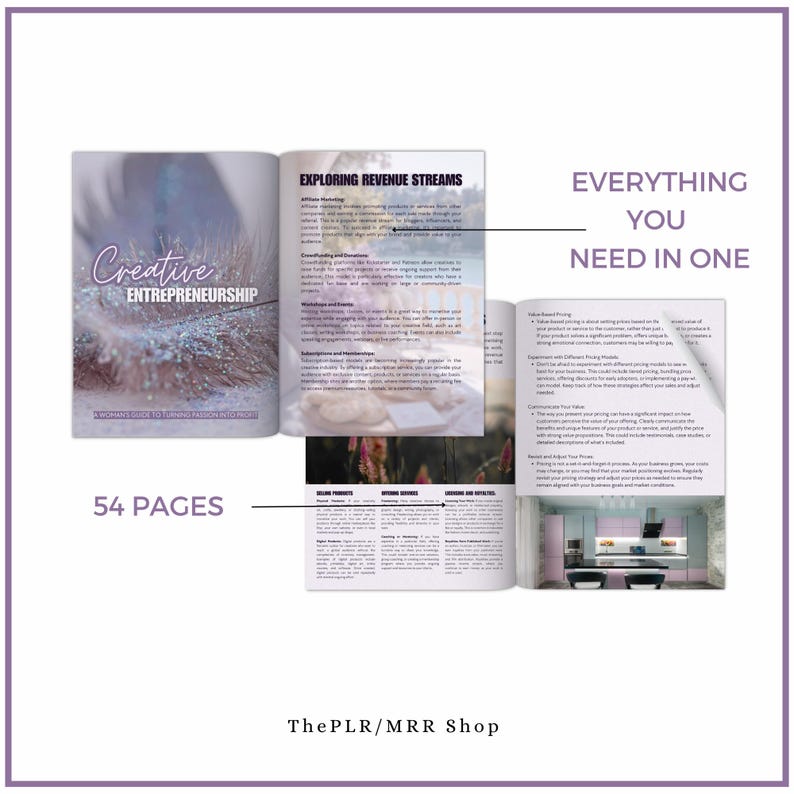 May include: An open book titled "Creative Entrepreneurship: A Woman's Guide to Turning Passion into Profit" with 54 pages. The book cover features a white feather with glitter. The book is open to a page titled "Exploring Revenue Streams" and another page titled "Everything You Need in One".