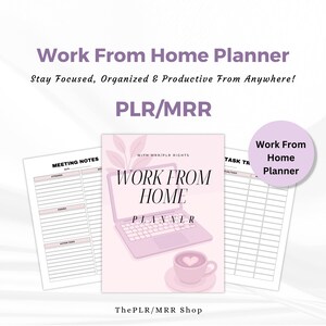 以下が含まれることがあります： 「Work From Home Planner」のテキストと「Stay Focused, Organized & Productive From Anywhere!」のテキストが入った、薄いピンク色のワークフロムホームプランナー。ラップトップのグラフィックとコーヒーカップも特徴です。会議のメモとタスクトラッカーページが含まれています。