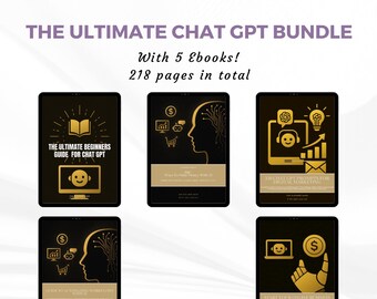 May include: A digital product bundle titled "THE ULTIMATE CHAT GPT BUNDLE" with five ebooks and 218 pages total. The covers are black and gold, featuring icons and text related to Chat GPT and digital marketing. The shop name "ThePLR/MRR Shop" is at the bottom.