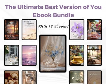 Könnte beinhalten: Ein E-Book-Bundle mit dem Titel "The Ultimate Best Version of You" mit 13 E-Books. Die Cover zeigen verschiedene Bilder, darunter Blumen, Sonnenuntergänge und Texte wie "Healthy Boundaries". ThePLR/MRR Shop ist aufgeführt.