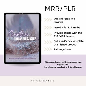 May include: A digital product cover with a sparkly feather background. The text on the cover reads "Creative Entrepreneurship: A Woman's Guide to Turning Passion into Profit". The text "MRR/PLR" is displayed in large font at the top of the image. Below the text are five bullet points with arrows, describing how to use the product. The text "After purchase you'll get access to a digital file. No physical product will be shipped." is displayed at the bottom of the image.
