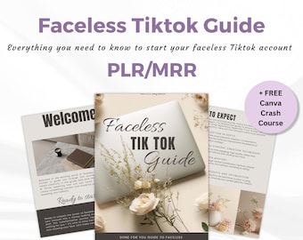 Może przedstawiać: Cyfrowy przewodnik po produkcie z białym tłem, laptopem, kwiatami i tekstem, który brzmi "Faceless TikTok Guide" i "PLR/MRR".