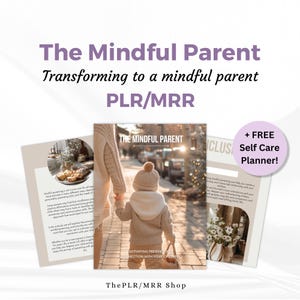 Può includere: Una copertina di prodotto digitale con una foto di un genitore e un figlio che camminano mano nella mano lungo una strada. Il testo sulla copertina recita "The Mindful Parent: Cultivating Presence and Connection with Your Children". Il testo "+ FREE Self Care Planner!" è incluso anche sulla copertina.