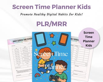 May include: A printable screen time planner for kids with a blue background and colorful illustrations of children using electronic devices. The planner includes sections for daily and weekly screen time schedules. The text "Screen Time Planner" is featured in the image.