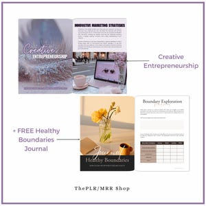 May include: A digital marketing guide for creative entrepreneurs with a free journal on healthy boundaries. The guide features a laptop, coffee cup, and flowers. The journal has a black and white cover with the text "Journey Healthy Boundaries How to Say No Without Feeling Guilty".