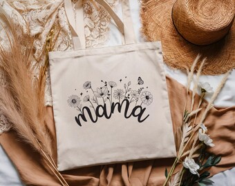 Floral Mama Tote Bag, Carrier Bag, Gift for Mother's Day/Birthday/Birth, Pregnancy Announcement, Shopping Bag for Mom
