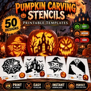 以下が含まれることがあります： ハロウィーンのデザインが施された50種類のパンプキンカービング用ステンシル。クモの巣、お化け屋敷、かかし、カラスのテンプレートが含まれており、難易度は「簡単」「普通」「難しい」に分類されています。