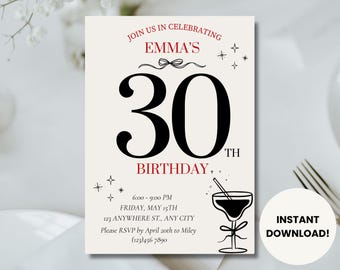 30th Birthday Invite, 30th Birthday Invitation Editable, Thirty Birthday Invite, Girl Birthday Party Digital Download, 30th Birthday, Modern