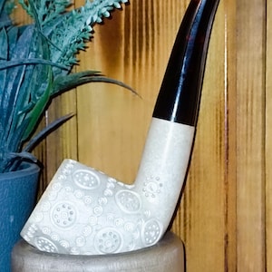 Meerschaum Hand-Carved Block,Tobacco estate Pipe – Unique Geometric Motif –No Filter
