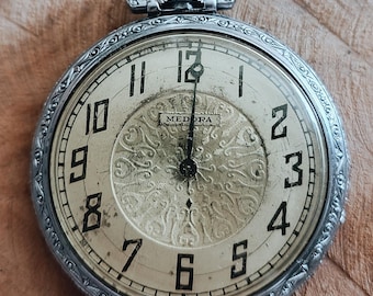 Vintage pocket Watch swiss Medora 15J –Art Deco Engraved – Defiance Case – Parts/Repair