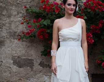Boho Short Wedding Dress: Ivory Taffeta One-Shoulder Bridal Gown