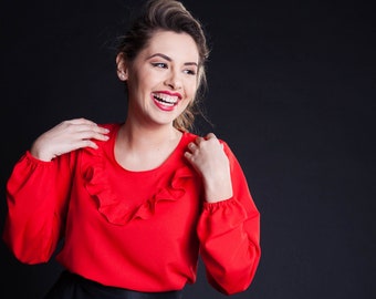 Rode bohoblouse: shirt met lange mouwen in jaren 70-stijl met ruches