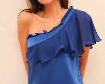 One Shoulder Dress, Ruffle Party Dress, Shift Cocktail Dress, Boho Chic Dress, Off Shoulder Dress, Lapis Blue Dress, Made to Order