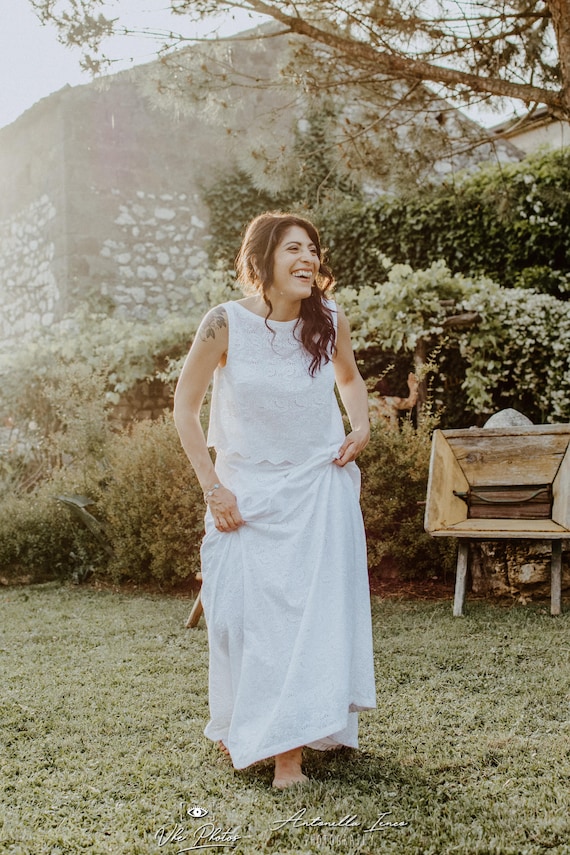 White Boho Wedding Separates Broderie Anglaise Wedding Dress Cotton Lace Wedding Dress Two Piece Wedding Dress Made to Measure Etsy
