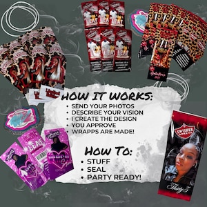 Puede incluir: Un surtido de envolturas personalizadas con varios diseños, incluyendo estampado de leopardo e imágenes de personas. La imagen también incluye texto que dice "How It Works" y "How To" con instrucciones.