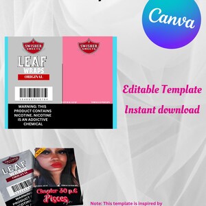 May include: A digital template for Swisher Leaf Wraps, featuring a design with the text "Swisher Leaf Wrapper Template" and "Canva". The design includes a pink and gray background with the text "Editable Template" and "Instant download".
