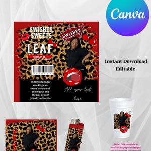May include: An editable birthday party favour bundle template with a leopard print design. The template includes a Swisher Sweets Leaf design, a Canva logo, and the text "Add your text here".