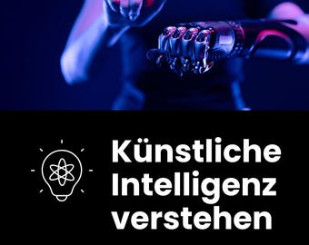 May include: A book cover with a woman with a robotic arm reaching out with her other hand. The cover is black with white text that reads "Künstliche Intelligenz verstehen" and "Grundlagen, Anwendungen und Zukunftsperspektiven". The text "EXTRA: E-Book inside" and "Kadir Dikme" are also on the cover.