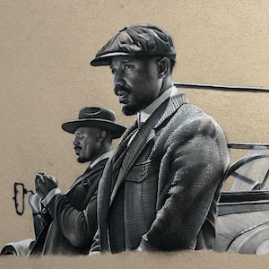 May include: A grayscale drawing of two men in vintage attire. The man in the foreground wears a tweed jacket and a newsboy cap. The second man wears a fedora and a suit. The background is a neutral tan color.