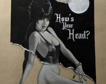 May include: Black and white artwork featuring a woman in a black bodysuit, high heels, and a bracelet. The artwork includes the text "How's Your Head?" and a moon in the background. A perfume bottle is also visible.