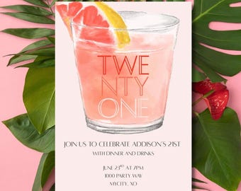 21st Birthday Invitation Template | Pink Cocktail Party (Digital)