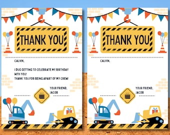 Op de afbeelding: Op bouwthema gebaseerde bedankkaarten met een geel en zwart waarschuwingsbord met de tekst "THANK YOU". De kaarten bevatten een blauwe graafmachine, een gele bulldozer, ballonnen en de tekst "I dug getting to celebrate my birthday with you!"