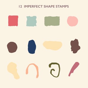 Puede incluir: Un gráfico digital titulado 12 IMPERFECT SHAPE STAMPS que presenta una colección de doce formas distintas e irregulares en varios colores, incluyendo rojo, verde salvia, rosa claro, marrón oscuro, azul marino, crema, verde oliva y rosa viejo.