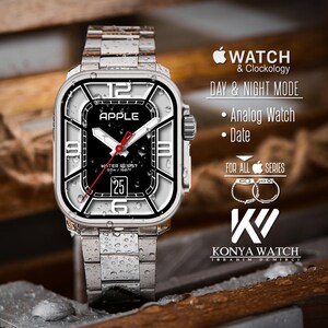 Könnte beinhalten: Eine silberne Apple Watch mit schwarzem Zifferblatt und weißen Zahlen. Die Uhr hat einen roten Sekundenzeiger und ein Datumsfenster. Die Uhr ist wasserdicht bis 50 Meter. Die Uhr ist für alle Apple Watch Serien.