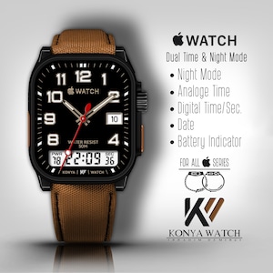 Könnte beinhalten: Eine schwarze und braune Apple Watch mit einem quadratischen Zifferblatt und einer digitalen Anzeige, die die Zeit 22:09 anzeigt. Die Uhr hat ein braunes Canvas-Armband und ein schwarzes Metallgehäuse. Das Zifferblatt der Uhr hat auch eine analoge Uhr mit roten Zeigern und schwarzen Zahlen. Das Zifferblatt der Uhr trägt den Text "WATCH" und "WATER RESIST 50M". Die Uhr wird mit Dual-Time- und Nachtmodus, analoger Zeit, digitaler Zeit/Sekunde, Datum und Batteriestandsanzeige beworben. Die Uhr ist für alle Apple-Serien geeignet.