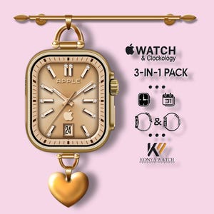 Könnte beinhalten: Goldfarbene Apple Watch mit herzförmigem Anhänger. Das Zifferblatt zeigt das Apple-Logo, die Zahl 24 und den Text "APPLE". Das Bild enthält auch den Text "WATCH & Clockology 3-IN-1 PACK" und den Markennamen "KONYA WATCH".