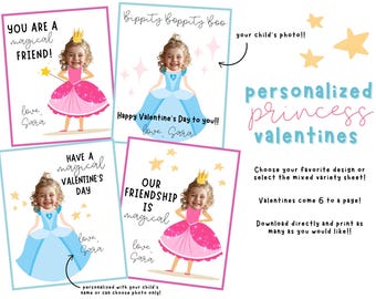 Princess Valentine, Personalized Princess Valentines, Photo Valentines, Girly Valentines, Printable Princess Valentine Cards