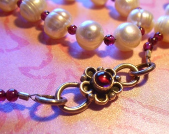 Elegant garnet and pearl choker necklace - 16 inches OOAK