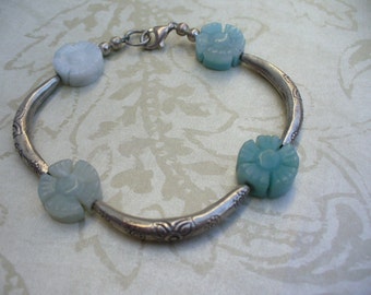 OOAK - Carved Amazonite flower bracelet with Thai Hill tribe sterling silver curved tube beads.