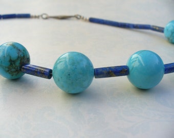 Luscious turquoise and lapis lazuli beaded choker necklace with sterling clasp