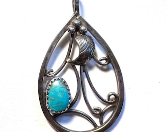 Vintage southwestern silver & turquoise teardrop pendant - handmade