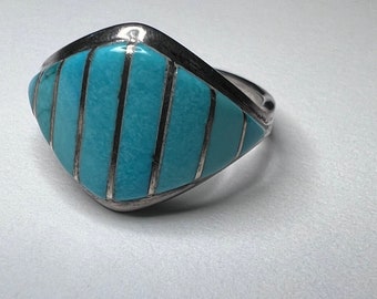 Vintage ring - inlaid turquoise & sterling silver - size 7.25 Southwestern - marked Zuni