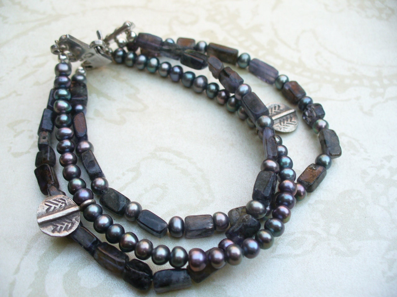 Blue iolite freshwater pearl triple strand bracelet w Thai sterling silver charms - OOAK handmade
