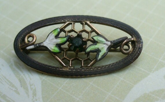 Antique enameled & green stone gold plated brass … - image 2
