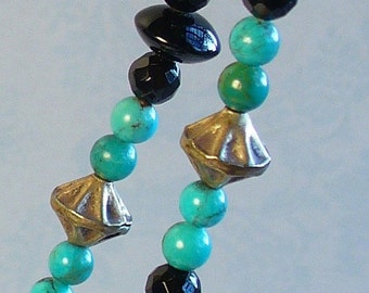 Turquoise silver and black onyx beaded long necklace