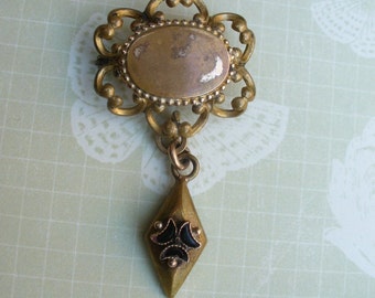 Antique engravable gold plated brass brooch with dangle - vintage costume jewelry