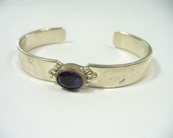 Vintage Native American sterling silver cuff bracelet - purple CZ stone - 6-1/2 inches - G. Yazzie